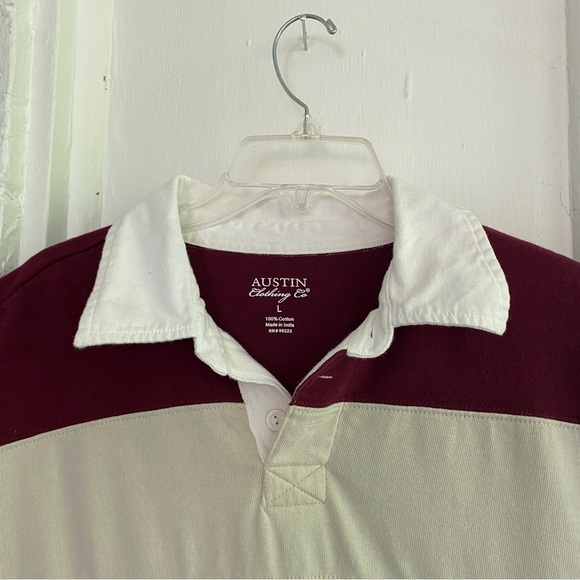 AUSTIN CLOTHING Co. Rugby Shirt Short Sleeve Maroon/Cream White Collar Size L - Picture 3 of 10